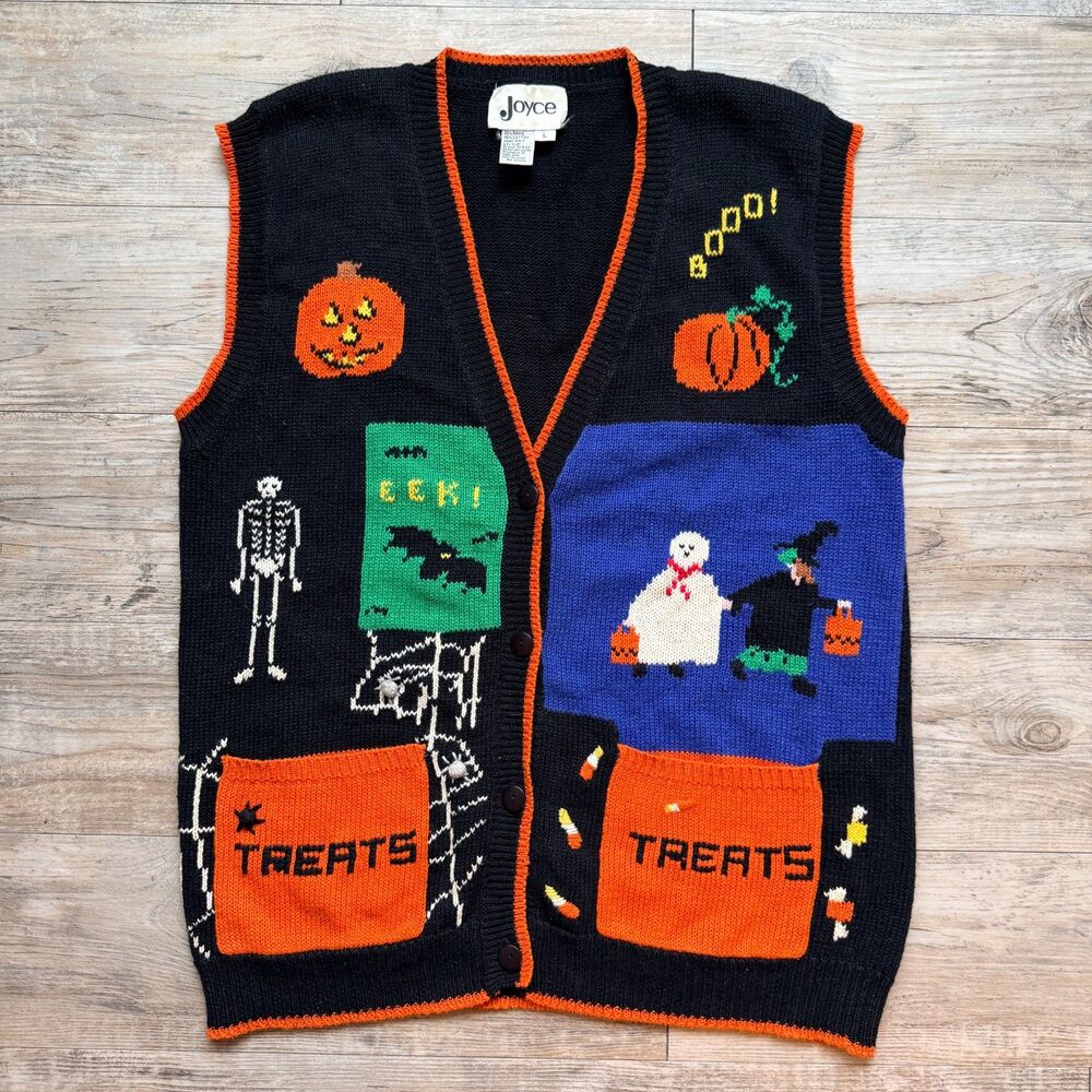 Vintage Halloween Sweater Vest Orange Trick or Treat Ghost Witch Skeleton L